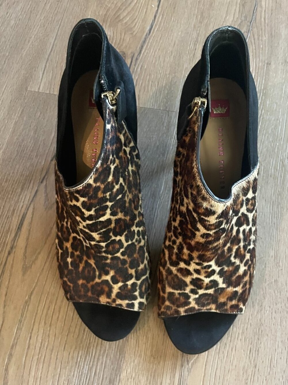 Elaine Turner Leopard Print Cow Hair Peep Toe Bootie Heels Women's 9M